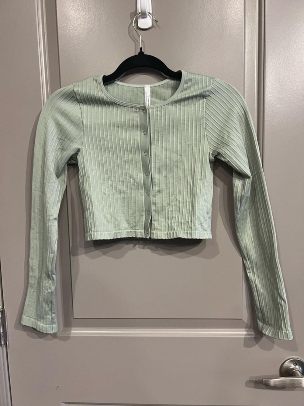 Anthropologie Pale Green Khaki Ribbed Snap Crop Top S/M